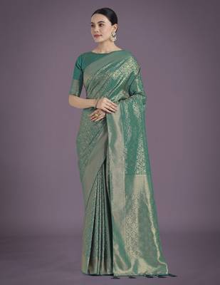 rama silk blend banarasi jacuard work saree with unstitched blouse piece 1