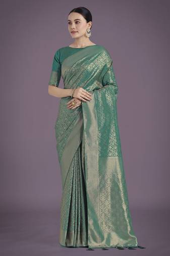 rama silk blend banarasi jacuard work saree with unstitched blouse piece