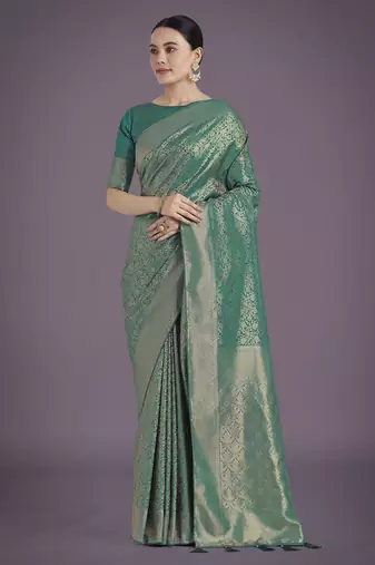 rama silk blend banarasi jacuard work saree with unstitched blouse piece