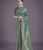 rama silk blend banarasi jacuard work saree with unstitched blouse piece