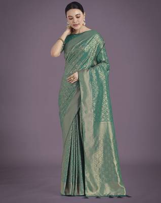 rama silk blend banarasi jacuard work saree with unstitched blouse piece 2
