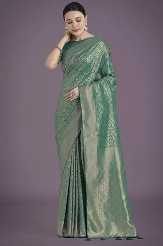 rama silk blend banarasi jacuard work saree with unstitched blouse piece