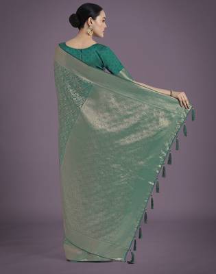 rama silk blend banarasi jacuard work saree with unstitched blouse piece 3