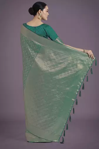 rama silk blend banarasi jacuard work saree with unstitched blouse piece