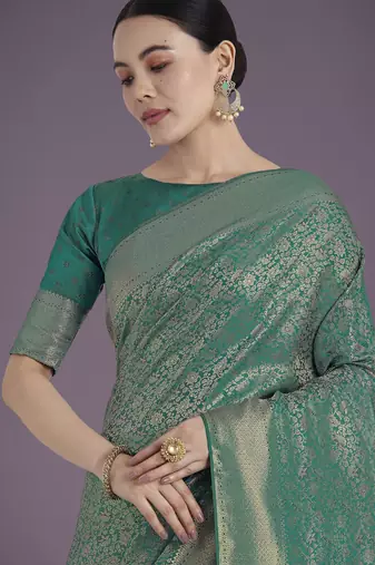 rama silk blend banarasi jacuard work saree with unstitched blouse piece