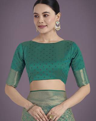 rama silk blend banarasi jacuard work saree with unstitched blouse piece 5
