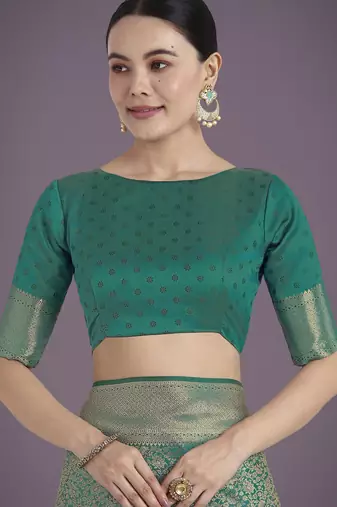 rama silk blend banarasi jacuard work saree with unstitched blouse piece