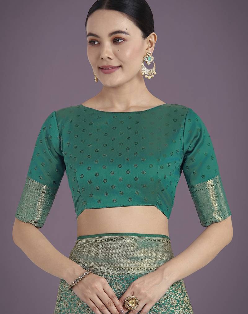 rama silk blend banarasi jacuard work saree with unstitched blouse piece