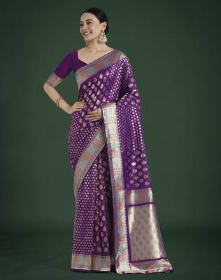 wine silk blend banarasi jacuard work saree with unstitched blouse piece 1