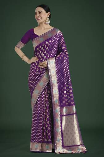 wine silk blend banarasi jacuard work saree with unstitched blouse piece
