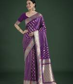 wine silk blend banarasi jacuard work saree with unstitched blouse piece