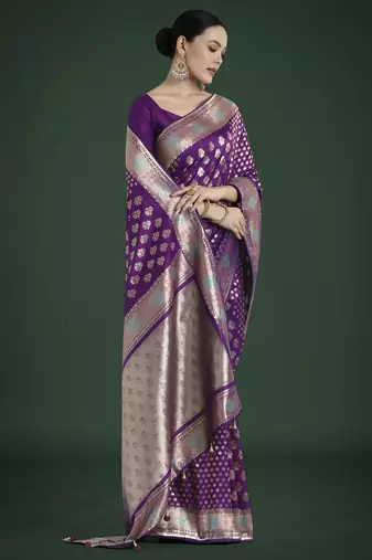 wine silk blend banarasi jacuard work saree with unstitched blouse piece