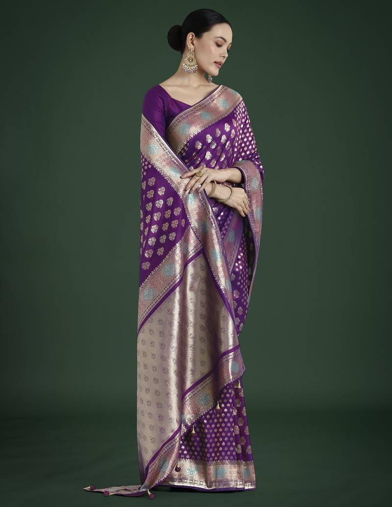 wine silk blend banarasi jacuard work saree with unstitched blouse piece