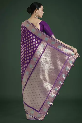 wine silk blend banarasi jacuard work saree with unstitched blouse piece