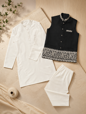 Off white-black color embroidered daaman work shiny silk men's kurta payjama set 4