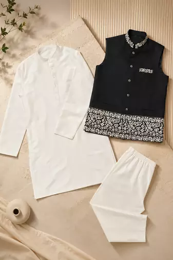 Off white-black color embroidered daaman work shiny silk men's kurta payjama set