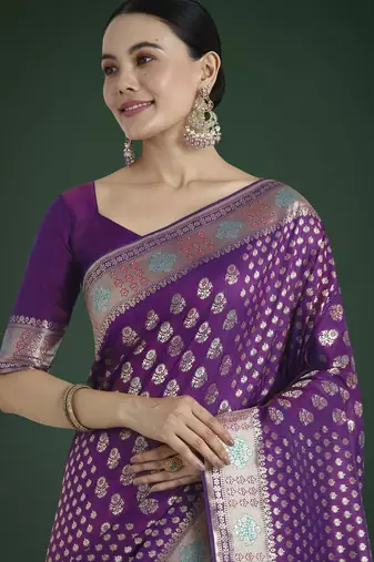 wine silk blend banarasi jacuard work saree with unstitched blouse piece
