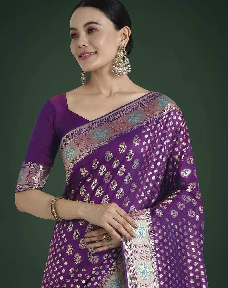 wine silk blend banarasi jacuard work saree with unstitched blouse piece