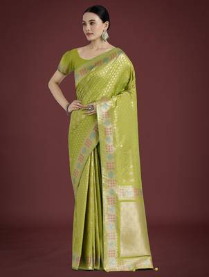 parrot green silk blend banarasi jacuard work saree with unstitched blouse piece 1