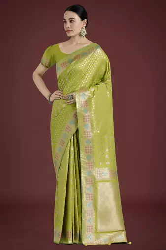 parrot green silk blend banarasi jacuard work saree with unstitched blouse piece