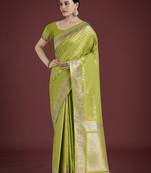 parrot green silk blend banarasi jacuard work saree with unstitched blouse piece