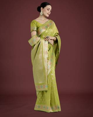 parrot green silk blend banarasi jacuard work saree with unstitched blouse piece 2