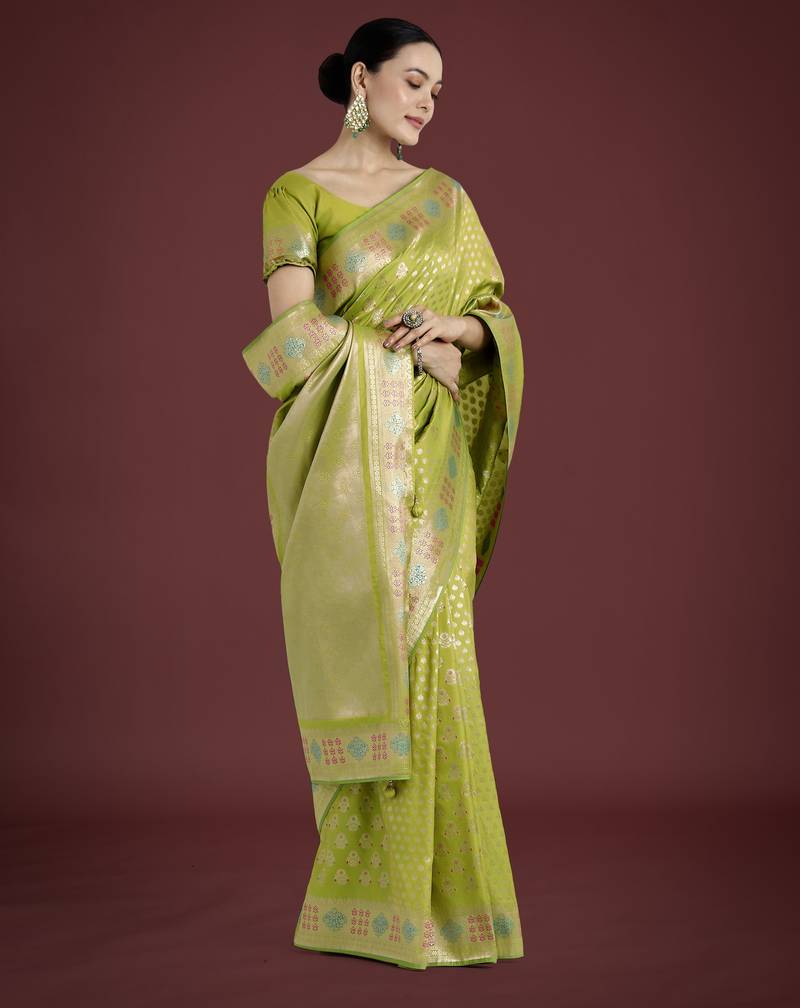 parrot green silk blend banarasi jacuard work saree with unstitched blouse piece