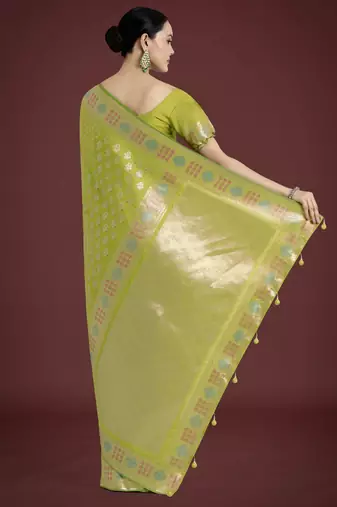 parrot green silk blend banarasi jacuard work saree with unstitched blouse piece