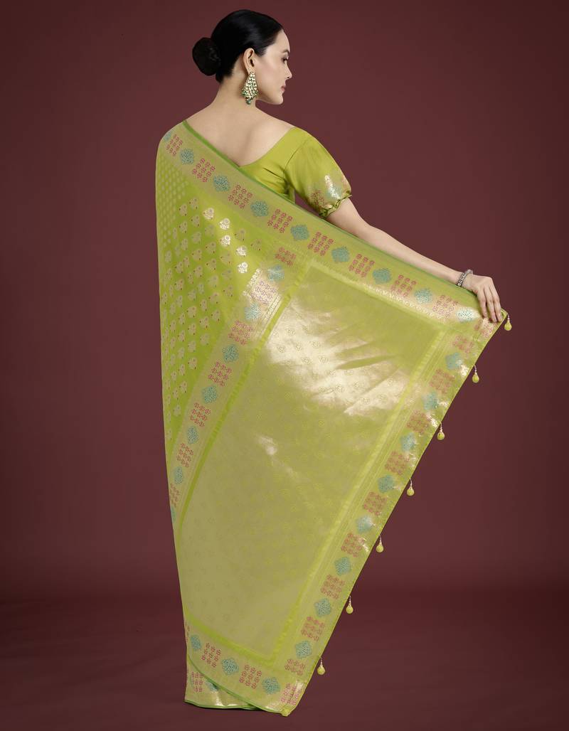 parrot green silk blend banarasi jacuard work saree with unstitched blouse piece