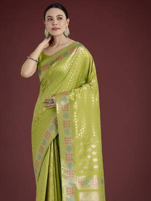 parrot green silk blend banarasi jacuard work saree with unstitched blouse piece 4