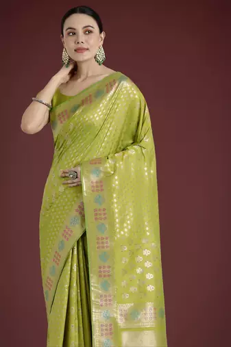 parrot green silk blend banarasi jacuard work saree with unstitched blouse piece