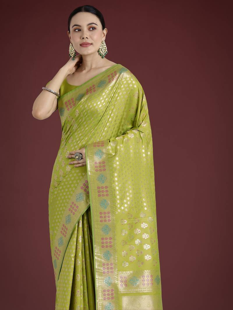 parrot green silk blend banarasi jacuard work saree with unstitched blouse piece