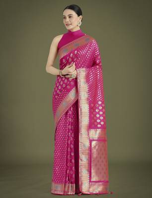 pink silk blend banarasi jacuard work saree with unstitched blouse piece 1