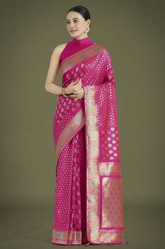 pink silk blend banarasi jacuard work saree with unstitched blouse piece