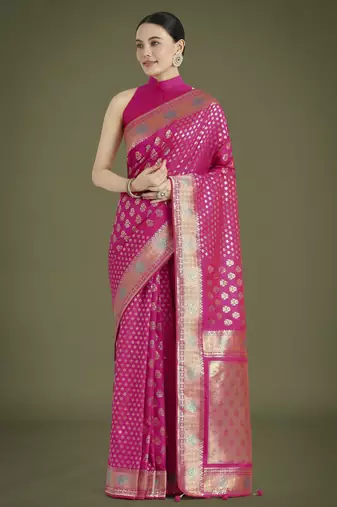 pink silk blend banarasi jacuard work saree with unstitched blouse piece