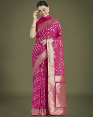 pink silk blend banarasi jacuard work saree with unstitched blouse piece 2