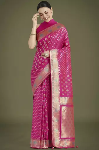 pink silk blend banarasi jacuard work saree with unstitched blouse piece