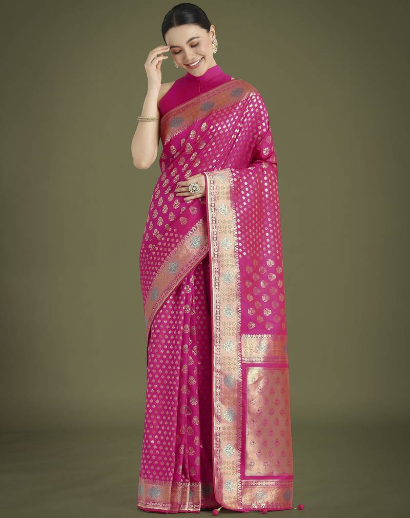 pink silk blend banarasi jacuard work saree with unstitched blouse piece