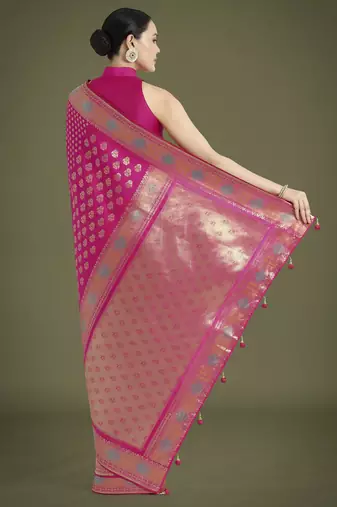 pink silk blend banarasi jacuard work saree with unstitched blouse piece