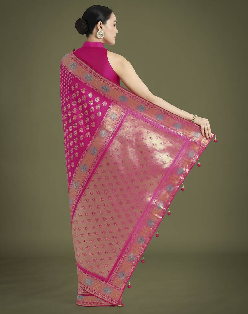 pink silk blend banarasi jacuard work saree with unstitched blouse piece