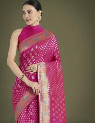 pink silk blend banarasi jacuard work saree with unstitched blouse piece 4