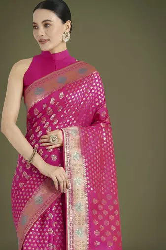 pink silk blend banarasi jacuard work saree with unstitched blouse piece