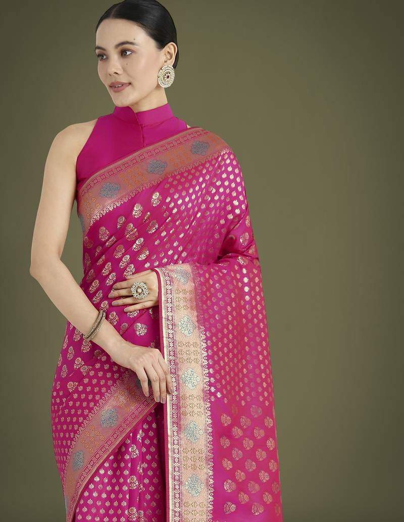 pink silk blend banarasi jacuard work saree with unstitched blouse piece
