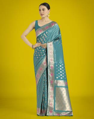 rama silk blend banarasi jacuard work saree with unstitched blouse piece 1