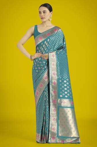 rama silk blend banarasi jacuard work saree with unstitched blouse piece