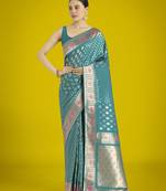 rama silk blend banarasi jacuard work saree with unstitched blouse piece