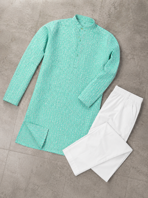 Turquoise color traditional chikankari embroidery cotton men's kurta payjama set 5