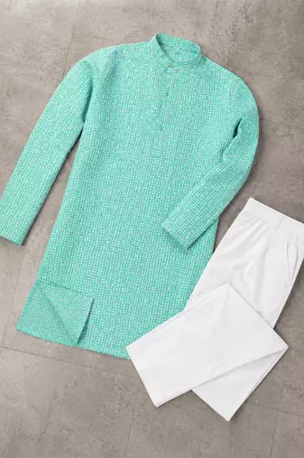 Turquoise color traditional chikankari embroidery cotton men's kurta payjama set