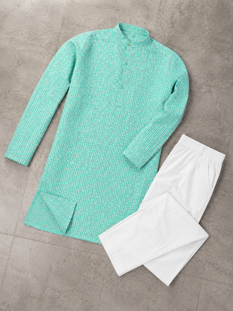 Turquoise color traditional chikankari embroidery cotton men's kurta payjama set