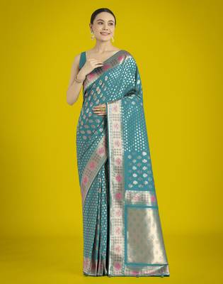 rama silk blend banarasi jacuard work saree with unstitched blouse piece 2